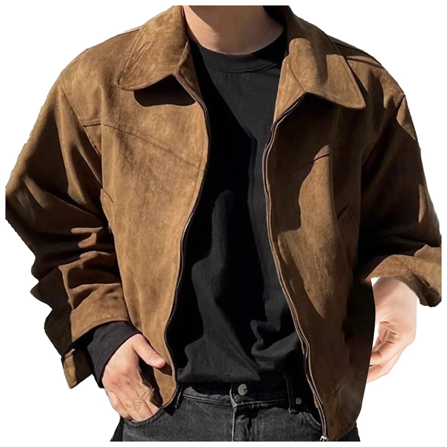 Men'S Suede Jacket, Retro Bomber, Casual Vintage Fashion