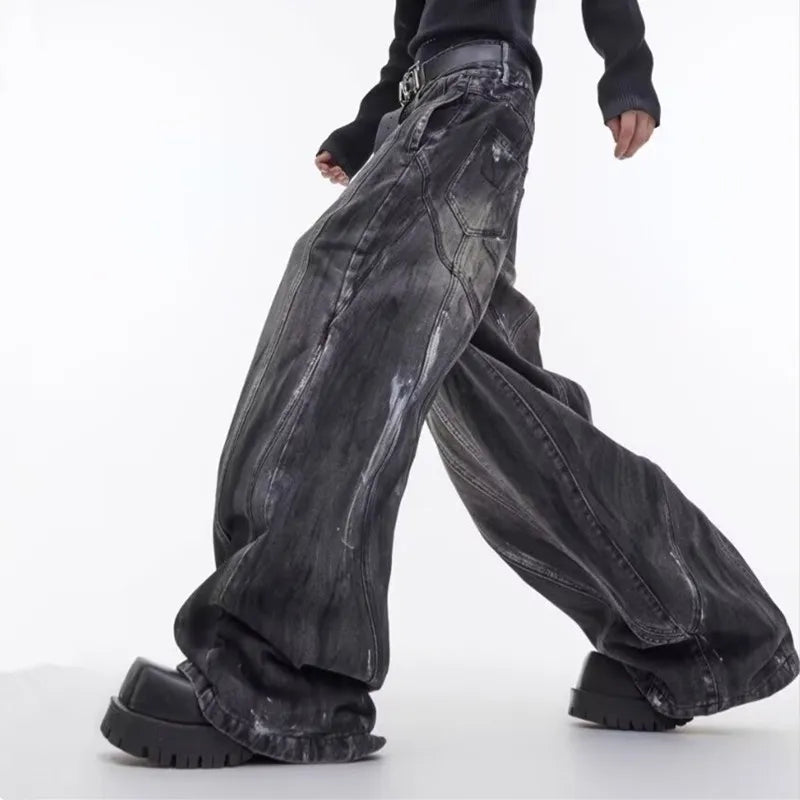 Ropa Y2K Streetwear Spray Painting Baggy Stacked Jeans, Wide Leg Vintage Black