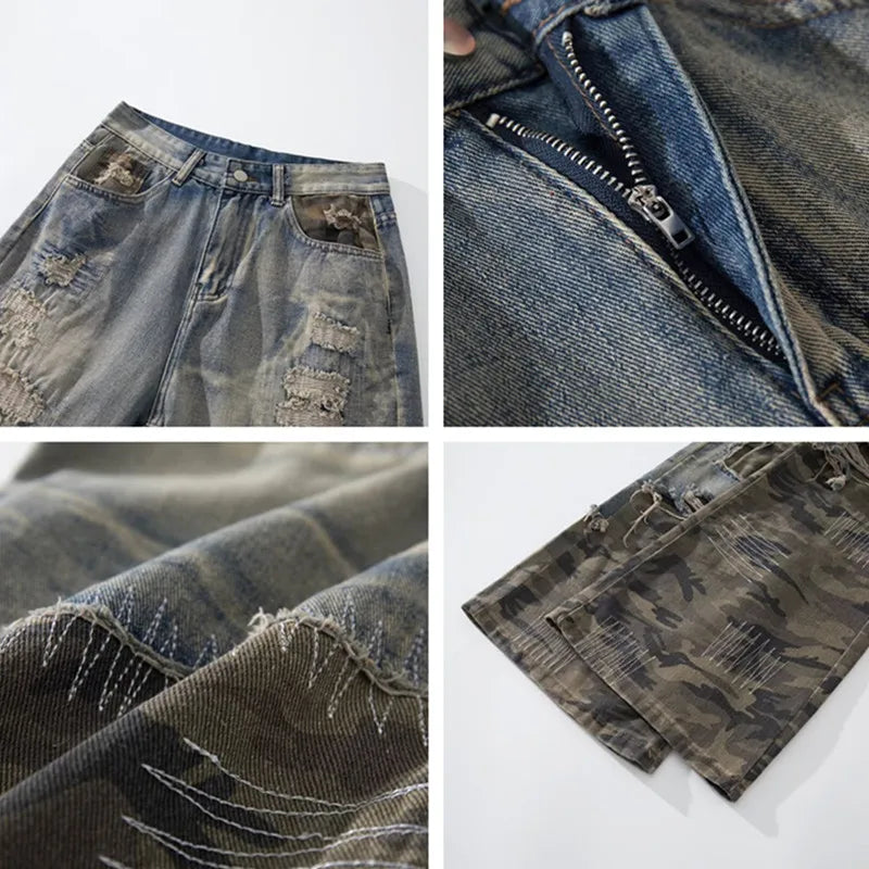 Trashy Y2K Streetwear, Ripped Stacked Baggy Jeans ,Camouflage Patchwork