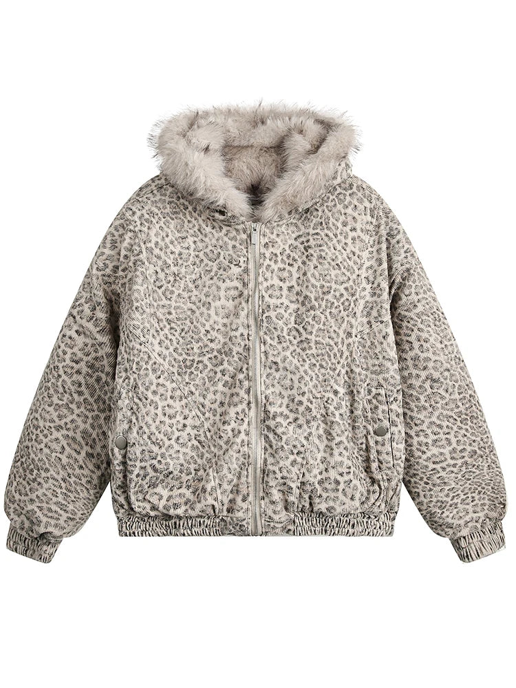 Men's Leopard Print Fur Collar Hooded Coat – Thick Quilted Winter Jacket