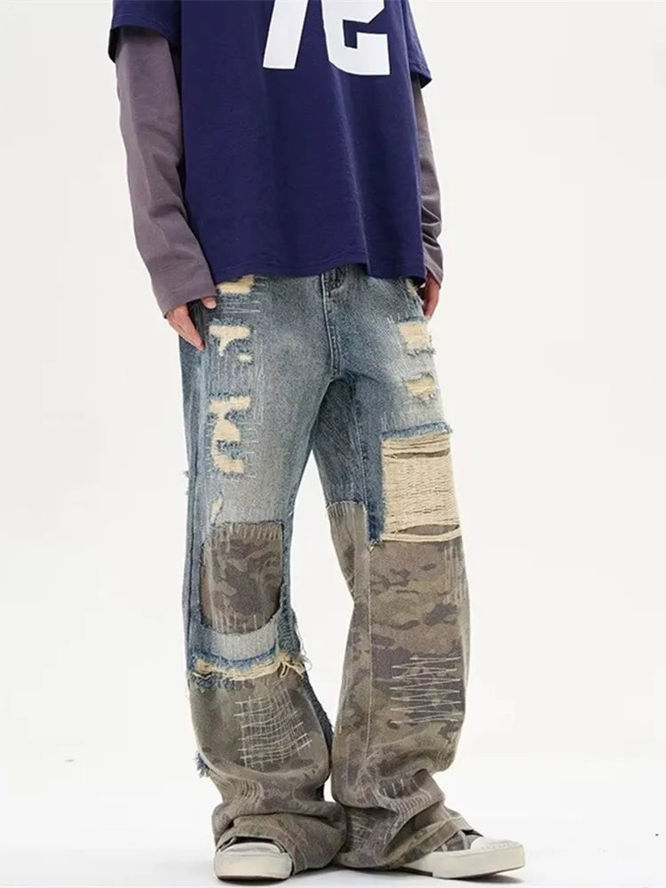 Trashy Y2K Streetwear, Ripped Stacked Baggy Jeans ,Camouflage Patchwork