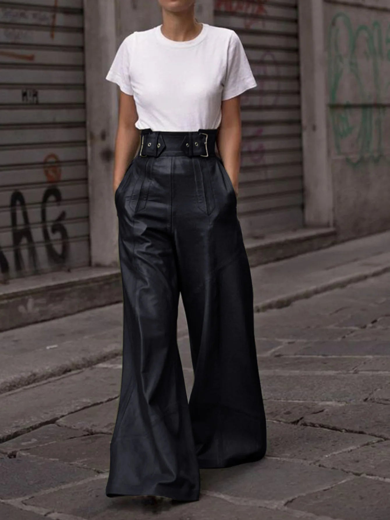 Casual Loose Leather Pants Women High Waist Wide Legs Solid Pocket Flare Pant Female 2025 Autumn Fashion Belt Streetwears Lady