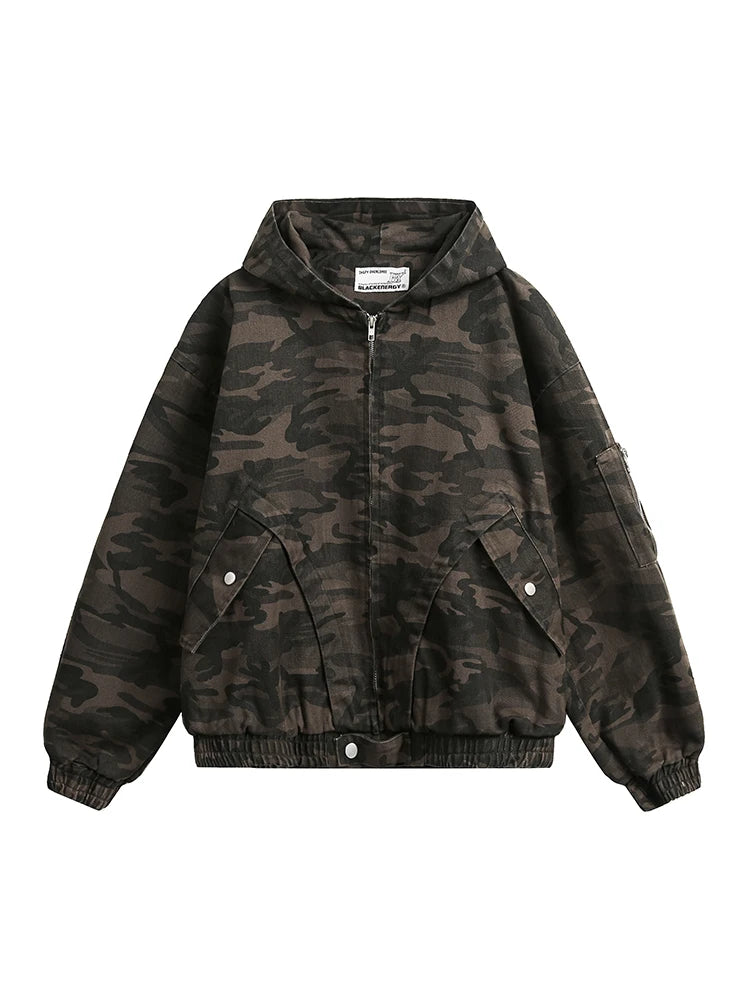 Men's Camouflage Hooded Jacket, Embroidered Patchwork, Zipper, Loose Streetwear Coat