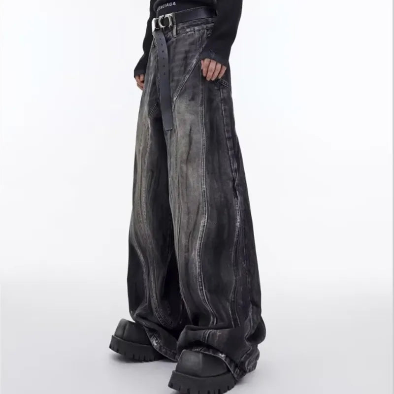 Ropa Y2K Streetwear Spray Painting Baggy Stacked Jeans, Wide Leg Vintage Black