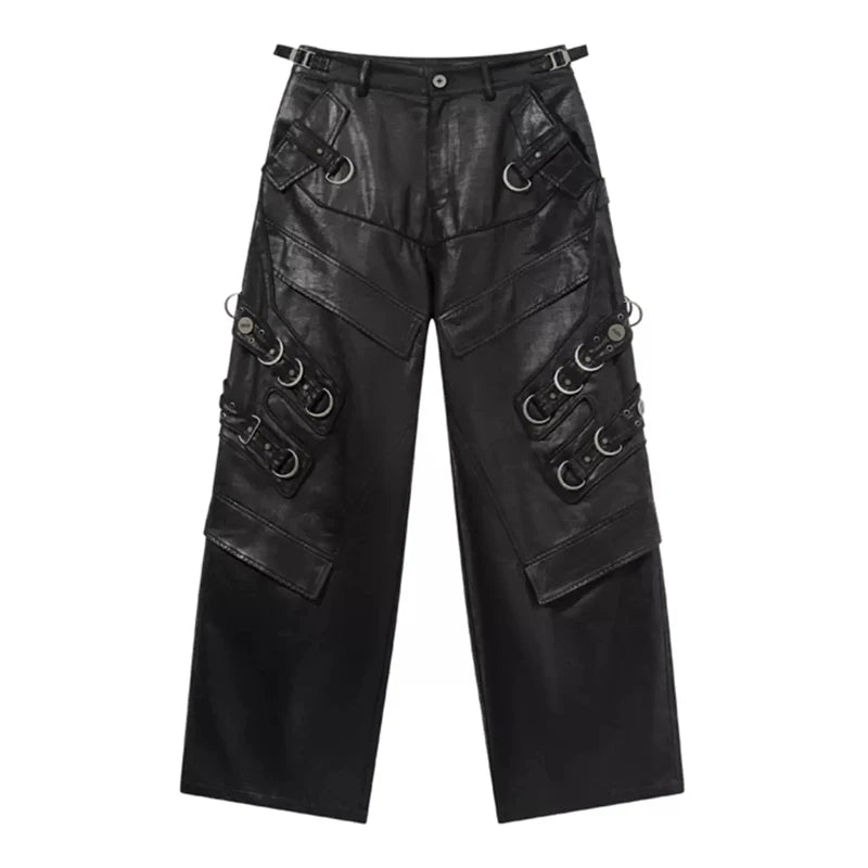 Mauroicardi Spring Autumn Cool Handsome Long Black Pu Leather Motorcycle Pants for Men High Quality Mens Designer Clothes 2024