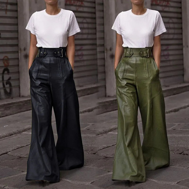 Casual Loose Leather Pants Women High Waist Wide Legs Solid Pocket Flare Pant Female 2025 Autumn Fashion Belt Streetwears Lady