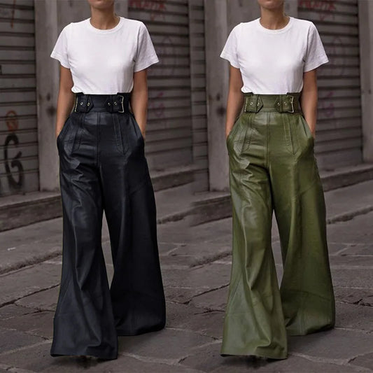 Casual Loose Leather Pants Women High Waist Wide Legs Solid Pocket Flare Pant Female 2025 Autumn Fashion Belt Streetwears Lady