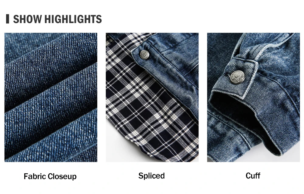 Plaid Patchwork Denim Jacket Mens High Street Autumn Lapel Single Breasted Long Sleeve Outerwear Jeans Jacket