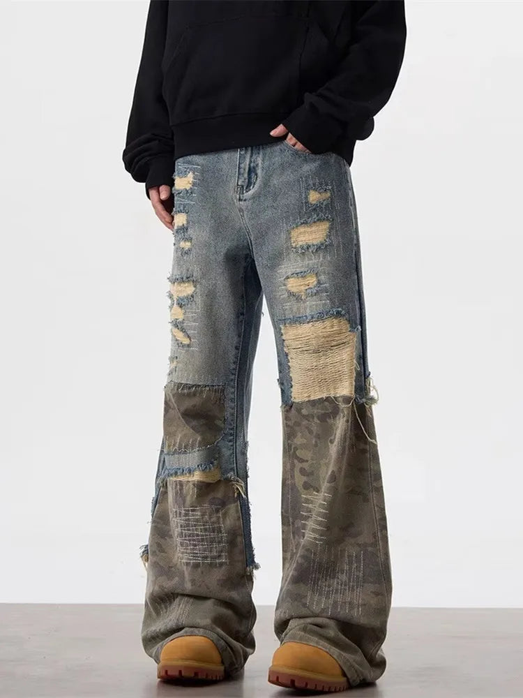 Trashy Y2K Streetwear, Ripped Stacked Baggy Jeans ,Camouflage Patchwork