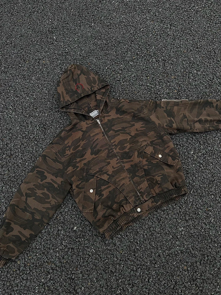 Men's Camouflage Hooded Jacket, Embroidered Patchwork, Zipper, Loose Streetwear Coat