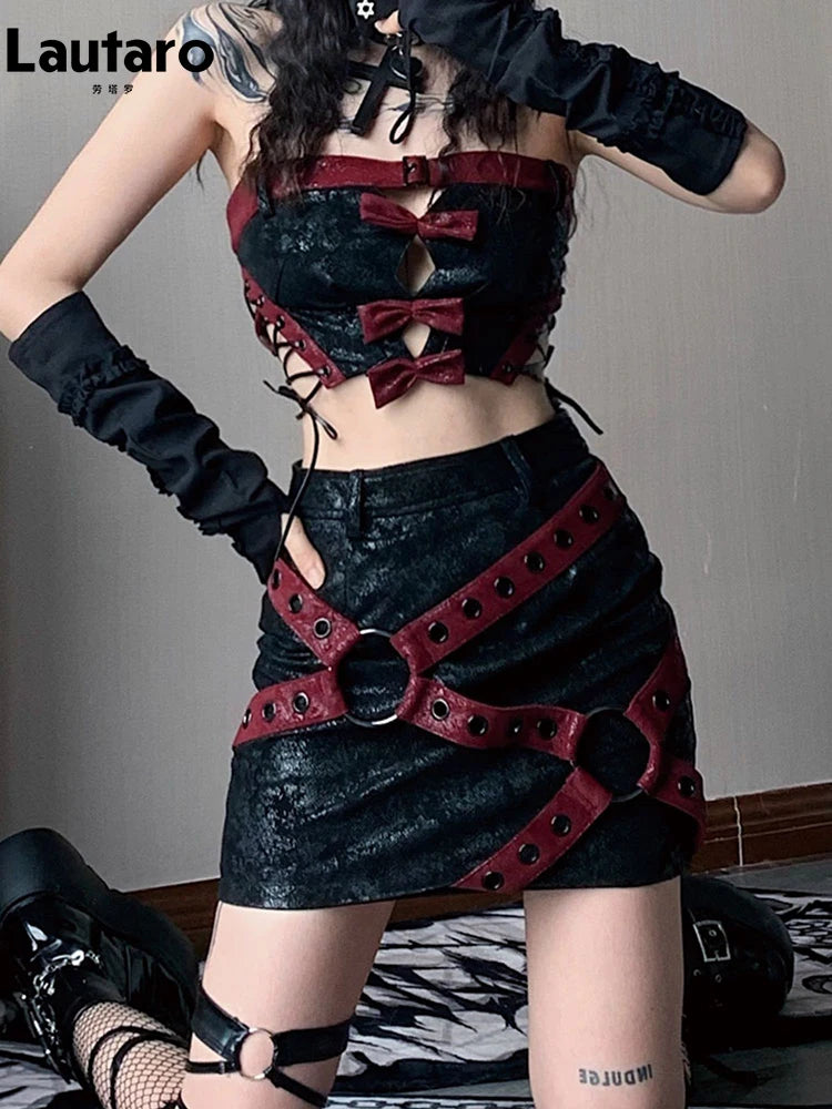 Lautaro Red & Black Patchwork PU Leather Mini Skirt