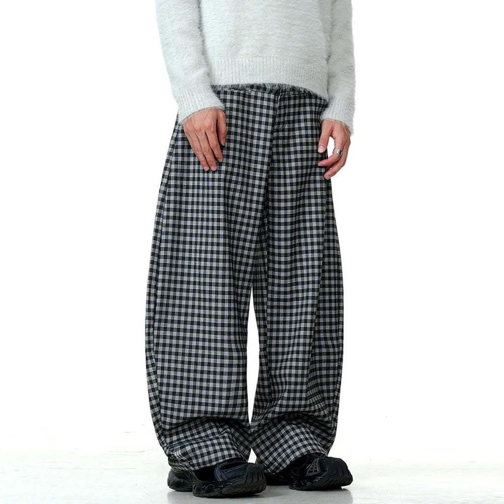 Retro Plaid Wide Leg Pants Mens Spliced Zipper Fly High Street Loose Casual Baggy Trousers Men