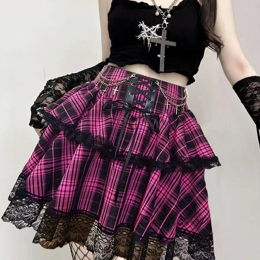 2024 New Japanese Vintage Dark Gothic Punk Y2K Millennium Black Red Plaid Skirt Harajuku Retro High Waist Lace Fluffy Mini Skirt