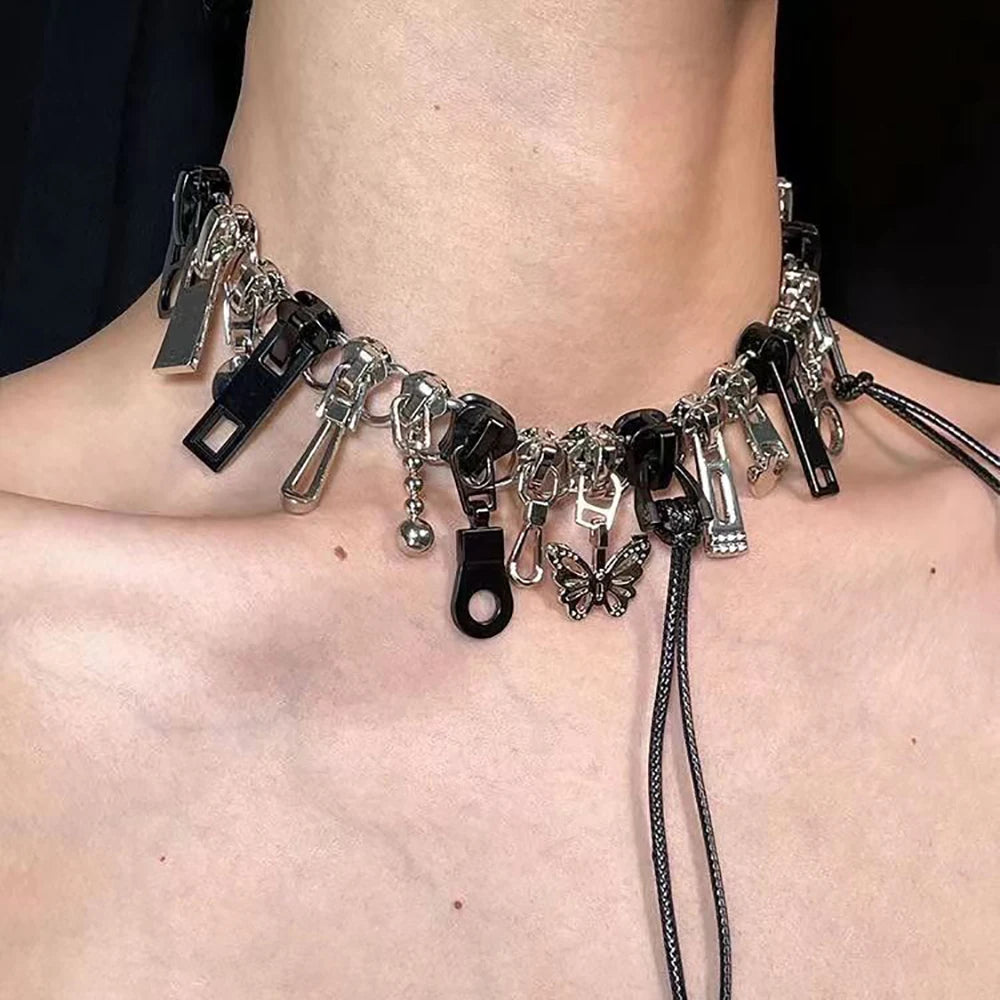 Cyber Punk Zipper Necklace Fringe Chain Y2k Choker Men's/Women's Fashion