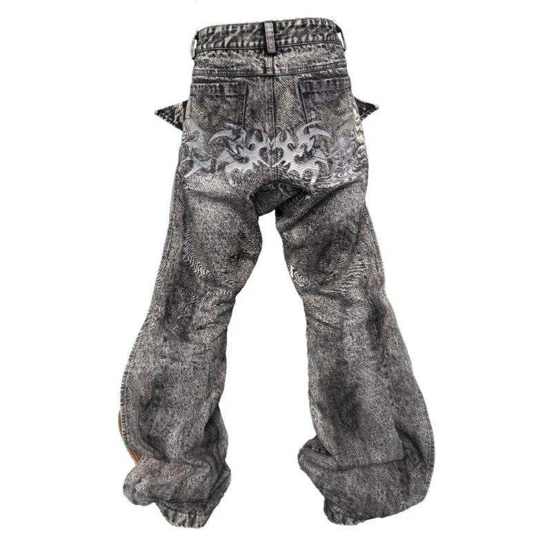 Destroy Hole Deconstruct Spliced Design Jeans Male High Street Worn-out Washed Straight Trousers Spring Chic New 28W4061