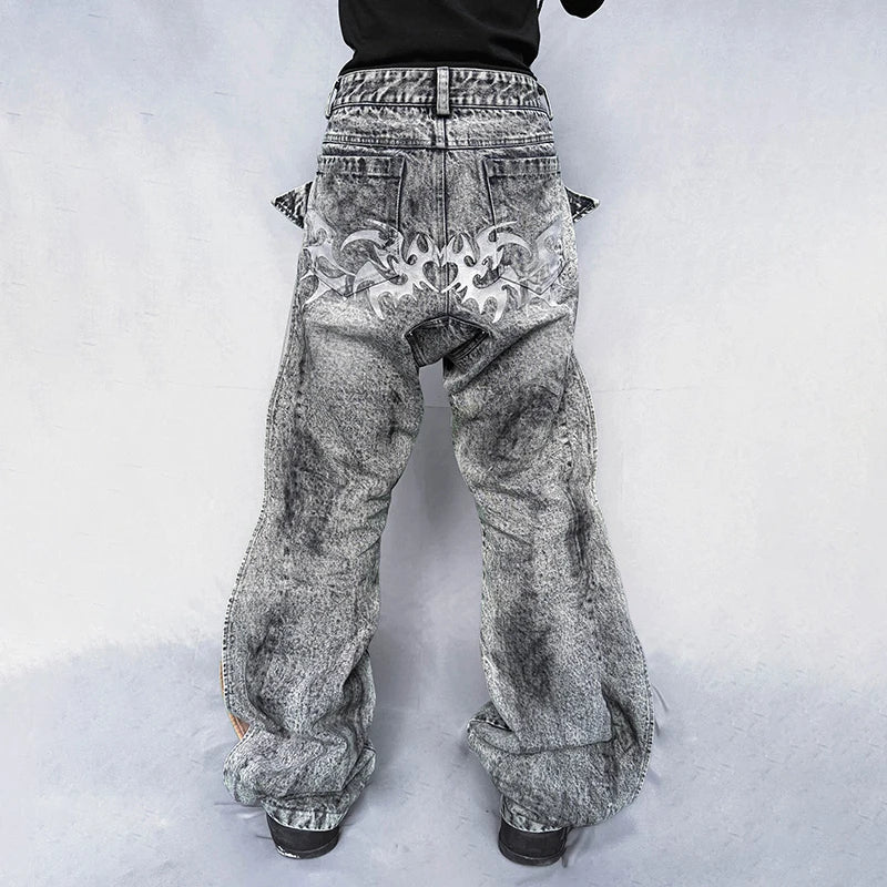 Destroy Hole Deconstruct Spliced Design Jeans Male High Street Worn-out Washed Straight Trousers Spring Chic New 28W4061