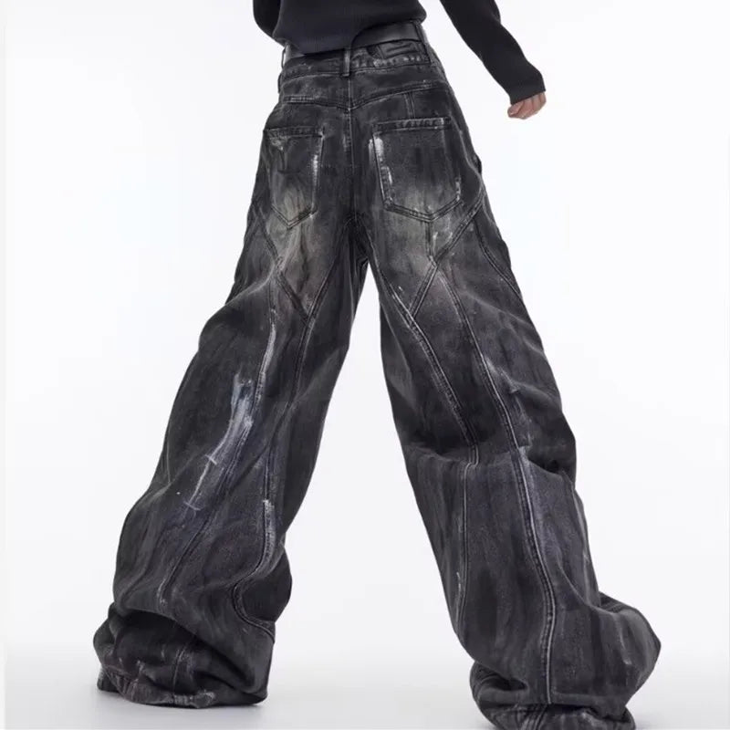 Ropa Y2K Streetwear Spray Painting Baggy Stacked Jeans, Wide Leg Vintage Black