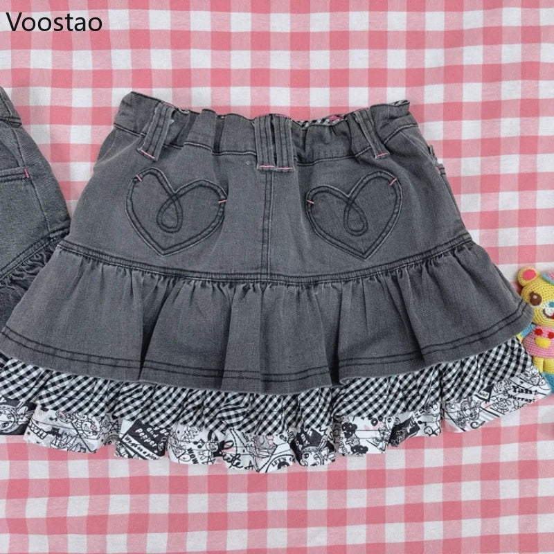 Japanese Cute Lolita Style Denim Skirt Women Sweet Cartoon Bunny Embroidery Patchwork Ruffles Mini Skirts Kawaii Y2k Punk Skirts