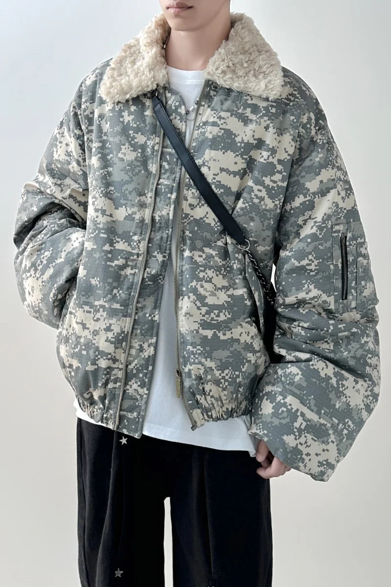 Detachable Fur Collar American Camouflage Men Cotton Jacket Contrast Color Long Sleeve Male Tops Korea Fashion 21Z7058