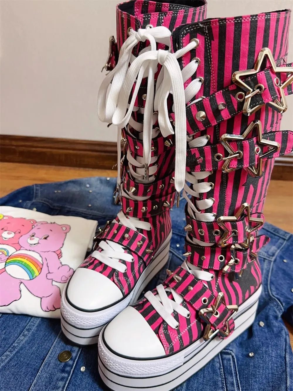 Women wasteland punk long Boots high wedge party shoes round toe canvas shoes Striped pentagram