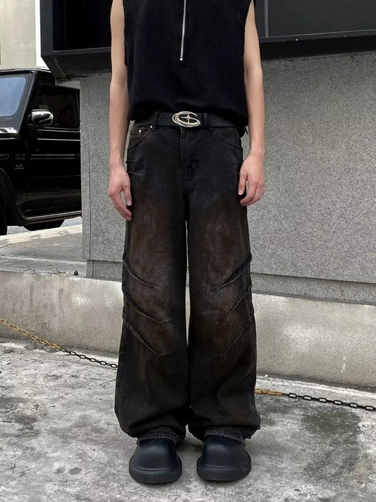 Cyber Y2K Streetwear Black Distressed Pleated Baggy Jeans, Straight Loose Gothic Long Trousers