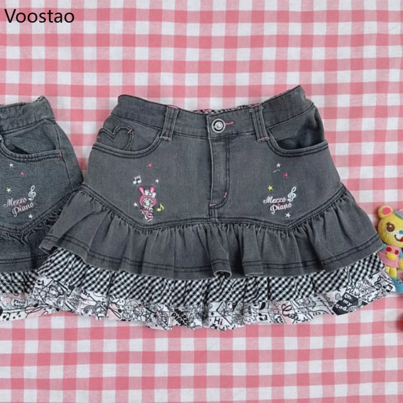 Japanese Cute Lolita Style Denim Skirt Women Sweet Cartoon Bunny Embroidery Patchwork Ruffles Mini Skirts Kawaii Y2k Punk Skirts