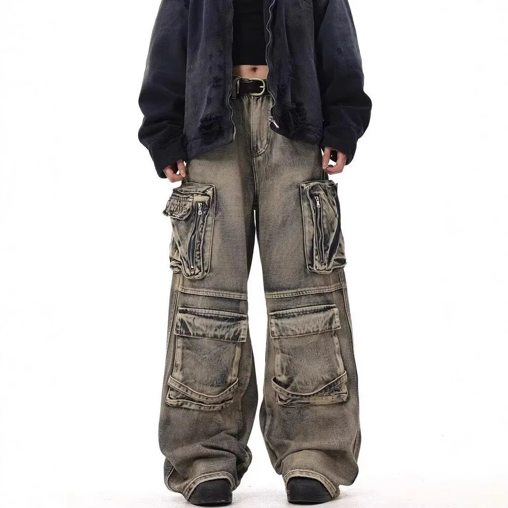 American Washed Distressed Denim Cargo Pants For Men Multi Pocket Spliced Design Hip-hop Loose Wide Leg Baggy Jeans 28W5622