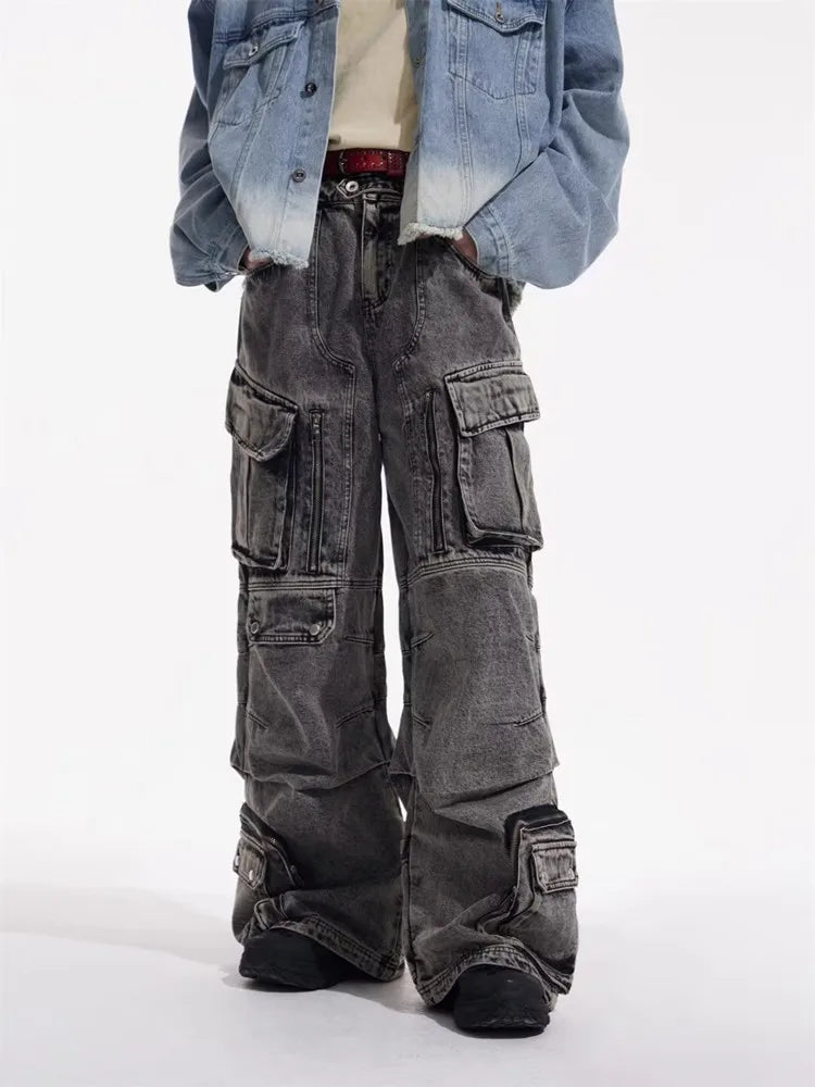 Cyber Y2K - Washed Grey Baggy Cargo Jeans, 90S Vintage Style