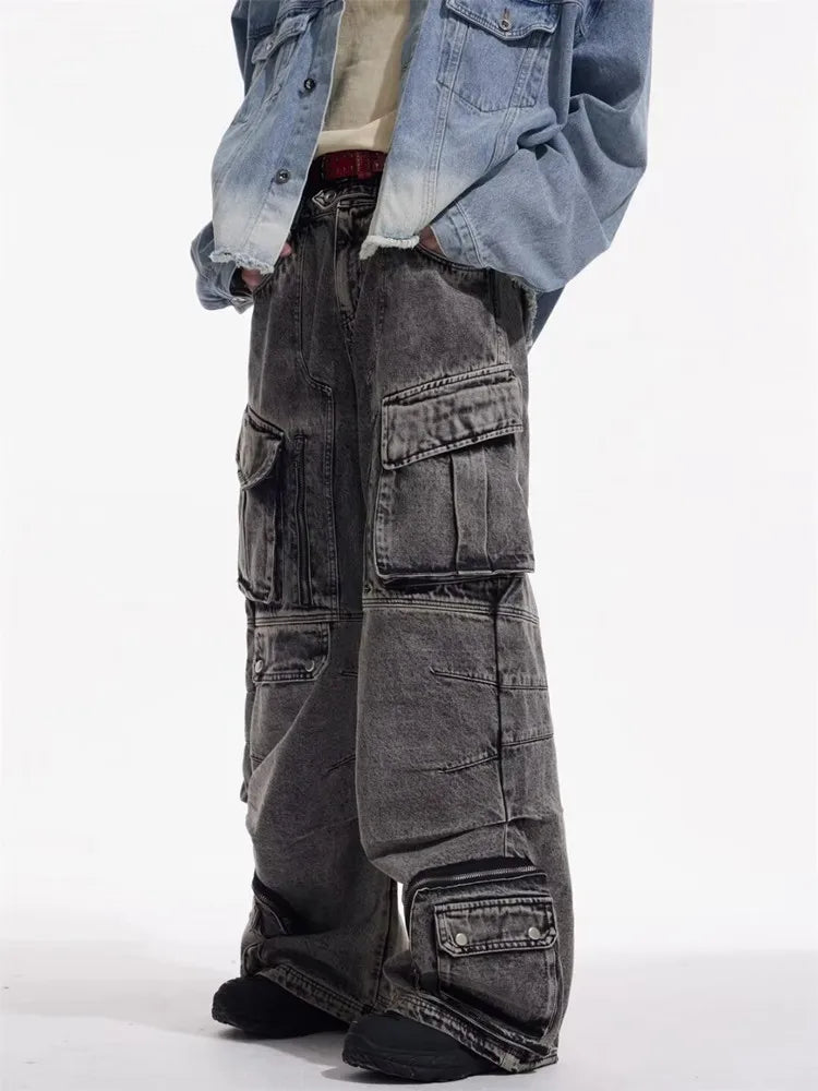 Cyber Y2K - Washed Grey Baggy Cargo Jeans, 90S Vintage Style