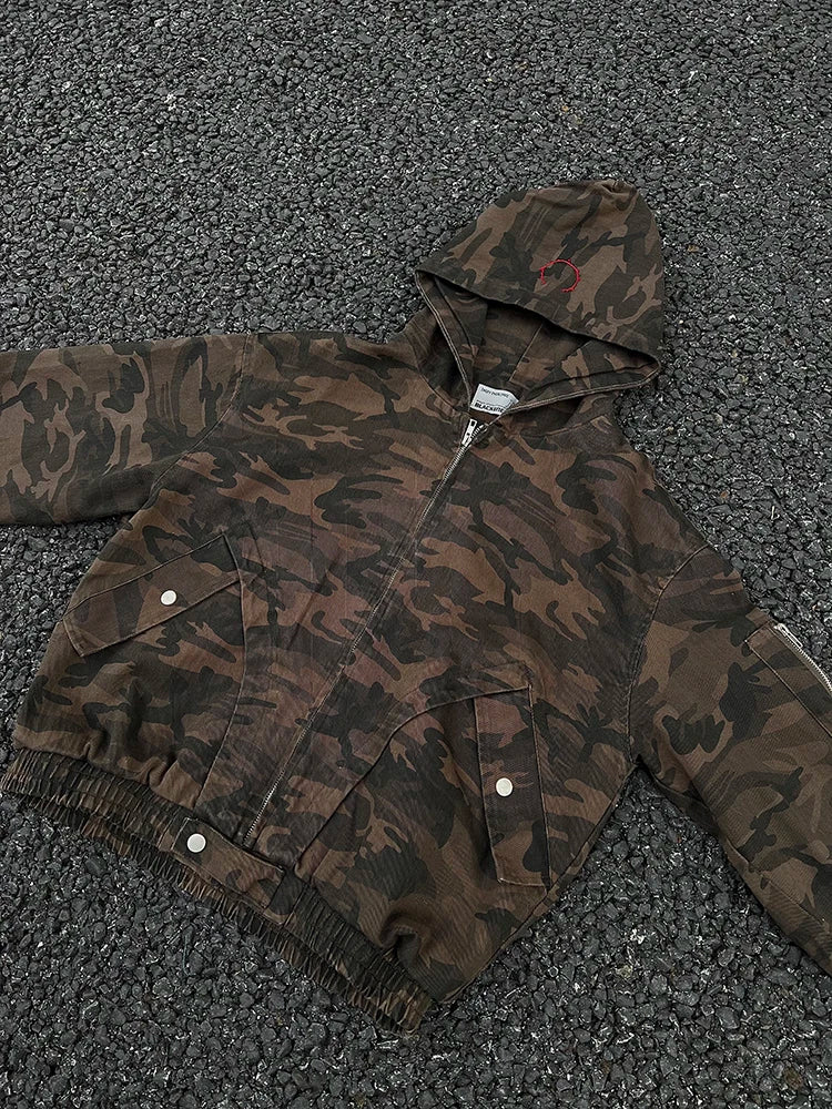 Men's Camouflage Hooded Jacket, Embroidered Patchwork, Zipper, Loose Streetwear Coat