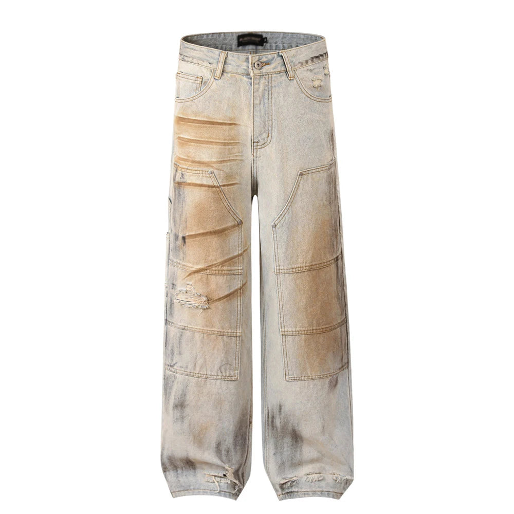 Ripped Spliced Dirty Wash Jeans Mens High Street Washed Distressed Straight Wide Leg Denim Pants Men Trousers