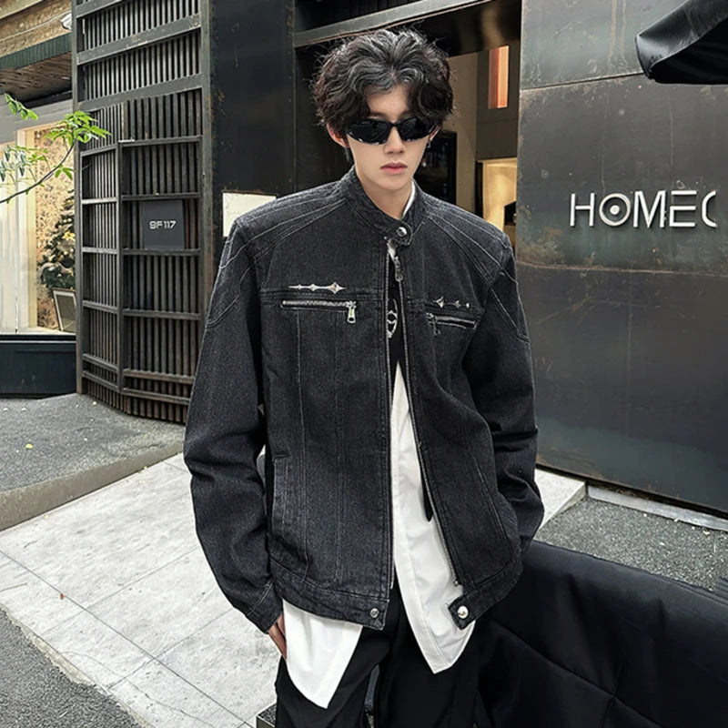 Men's Denim Jacket, Patchwork with Metal Design, Shoulder Pads, Loose Short Streetwear Coat