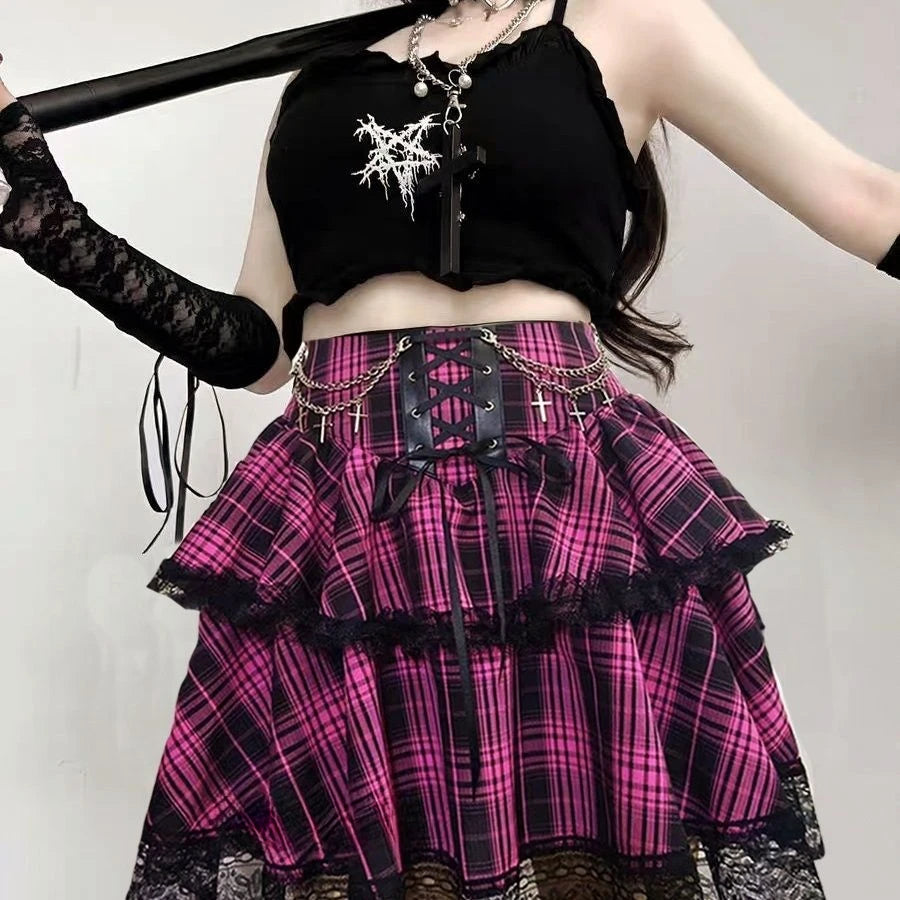 2024 New Japanese Vintage Dark Gothic Punk Y2K Millennium Black Red Plaid Skirt Harajuku Retro High Waist Lace Fluffy Mini Skirt