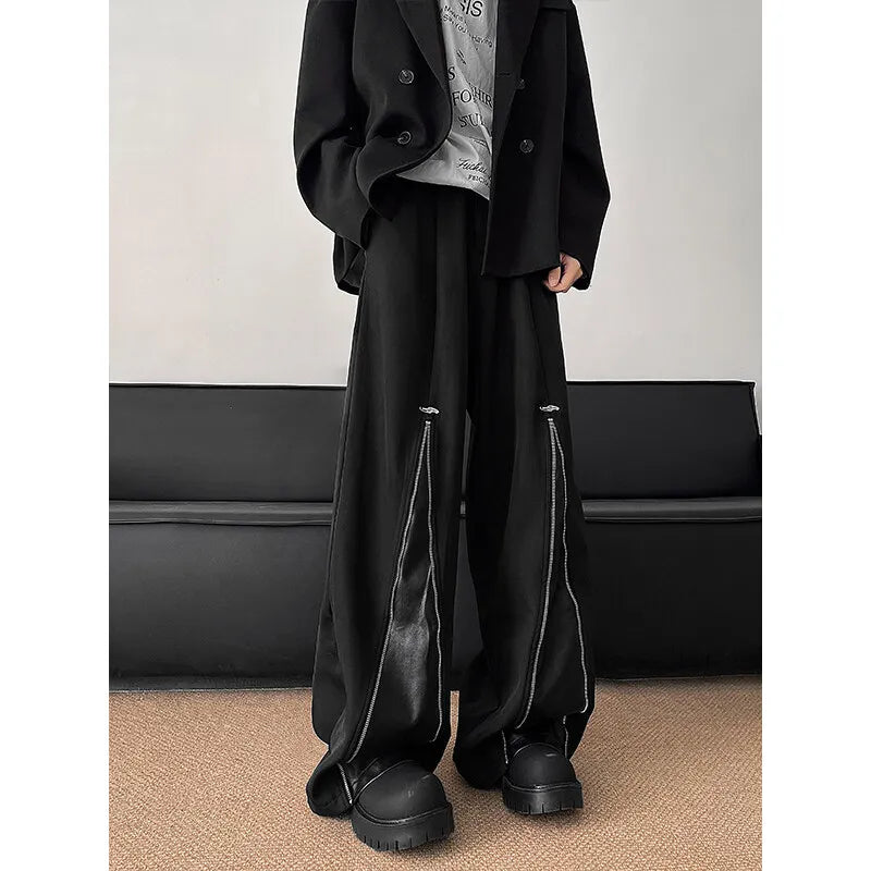 Patchwork Wide Leg Pants Men Casual trousers PU Zipper Hip Hop unisex Fashion Harajuku High Street trend Loose Pants Ropa Hombre