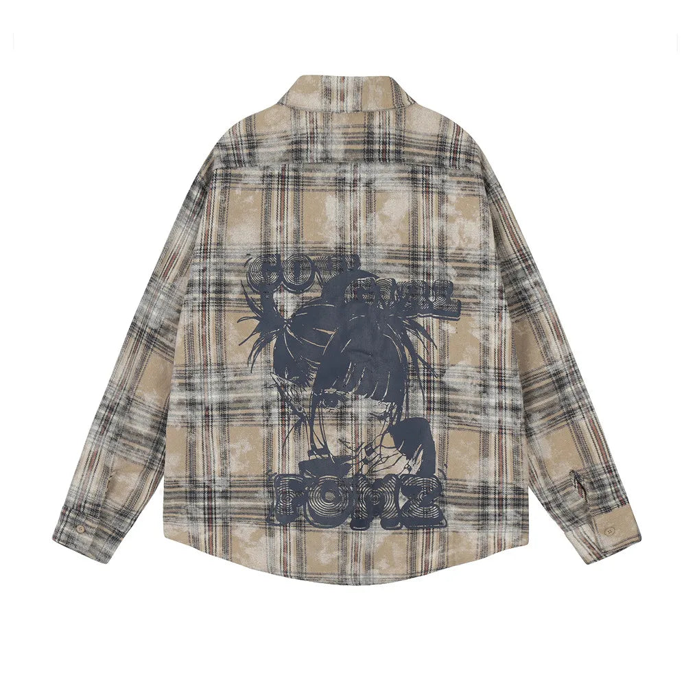 Cartoon Print Plaid Long Sleeve Shirts Mens High Street Autumn Loose Cotton Lapel Single Breasted Curved Hem Shirts Men