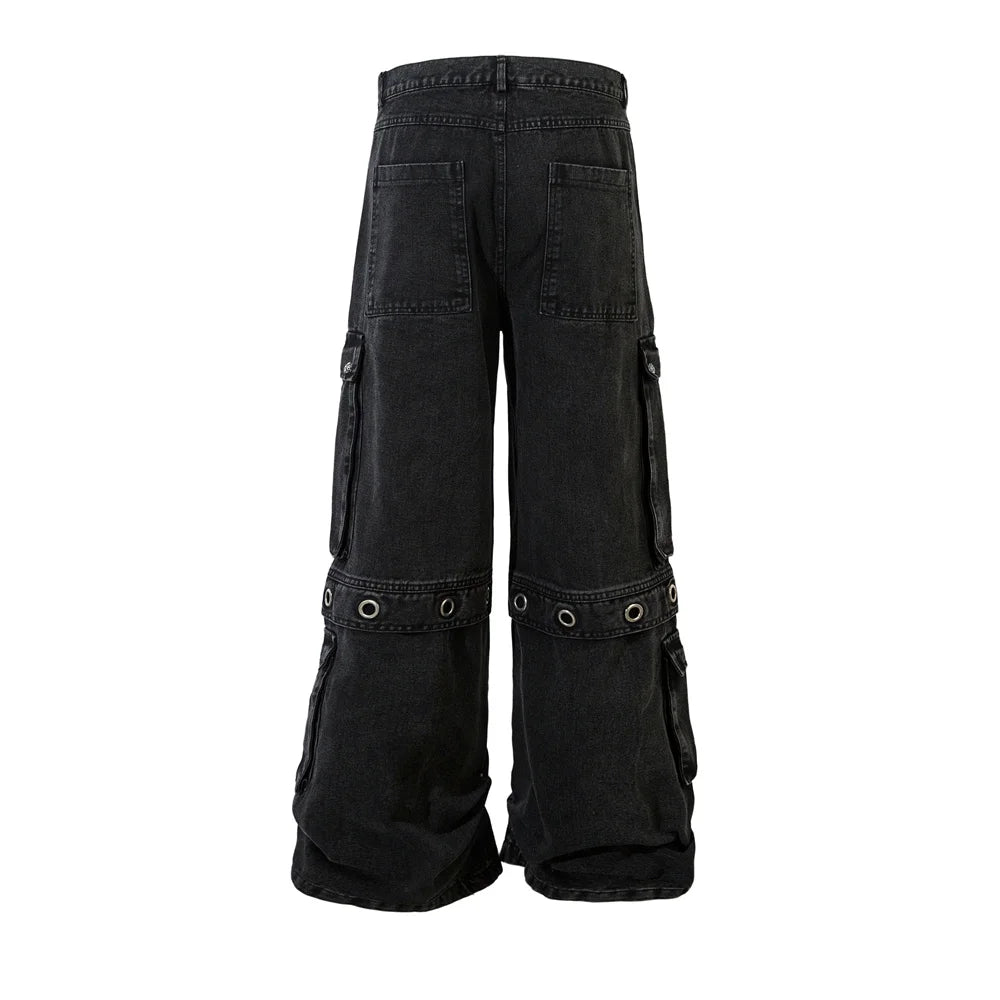 Multi-Pocket Spliced Wide Leg Jeans Mens Washed Distressed Loose Baggy Denim Pants Men Trousers