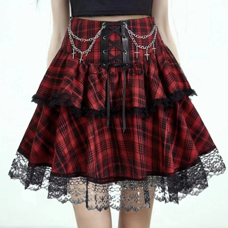 2024 New Japanese Vintage Dark Gothic Punk Y2K Millennium Black Red Plaid Skirt Harajuku Retro High Waist Lace Fluffy Mini Skirt