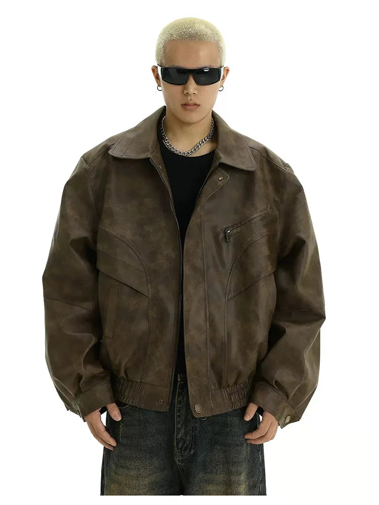 Retro Distressed Brown PU Leather Jacket – Men's Vintage American Style