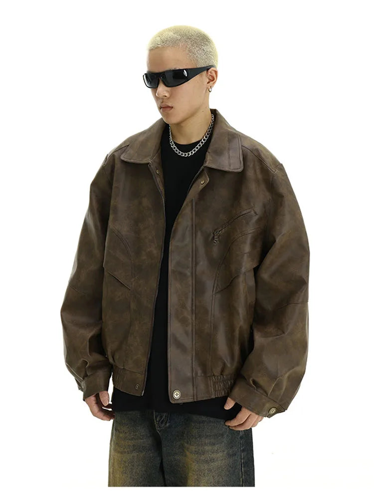 Retro Distressed Brown PU Leather Jacket – Men's Vintage American Style