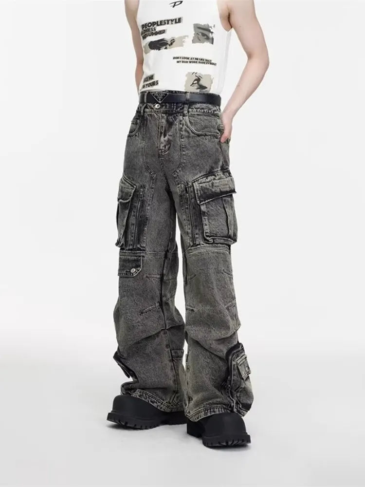 Cyber Y2K - Washed Grey Baggy Cargo Jeans, 90S Vintage Style