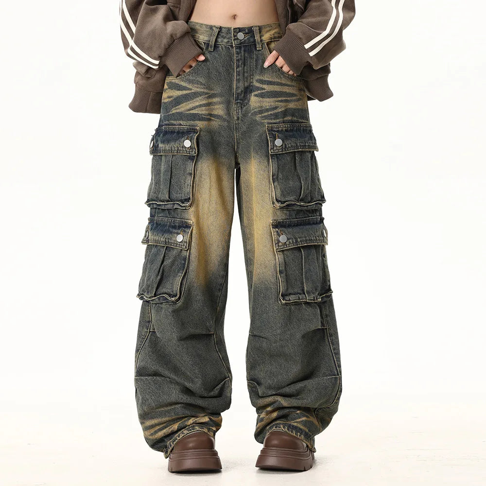 Retro Washed Large Pockets Jeans Man Loose Straight Bleached Scratched Pleated Full Length Casual Wide Leg Pants