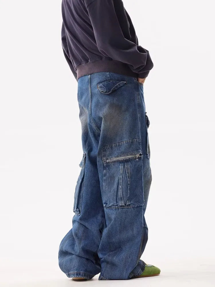 Grunge/Y2K Streetwear Pleated Baggy Cargo Jeans, Vintage Blue Wide Leg Denim