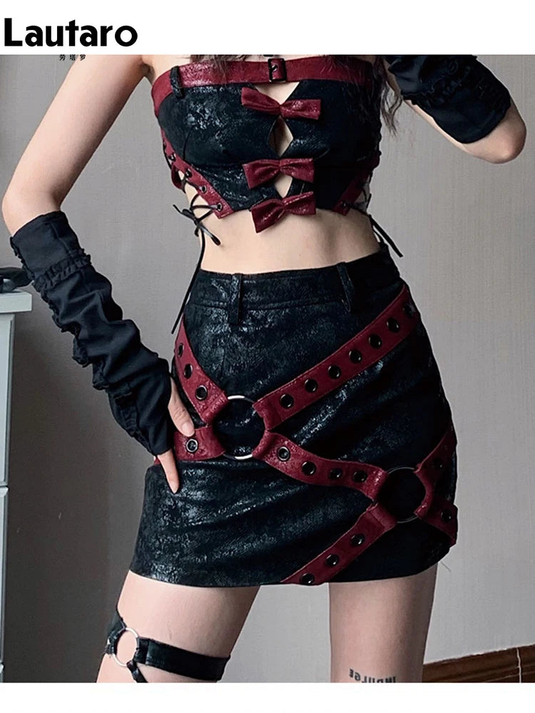 Lautaro Red & Black Patchwork PU Leather Mini Skirt