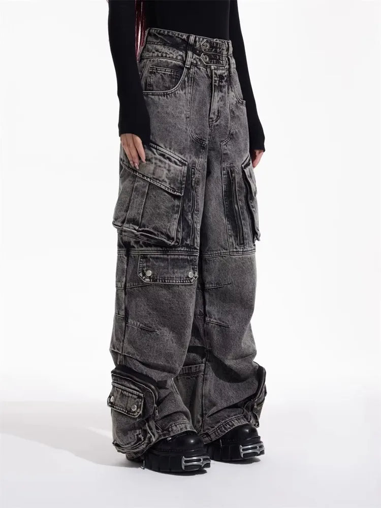 Cyber Y2K - Washed Grey Baggy Cargo Jeans, 90S Vintage Style