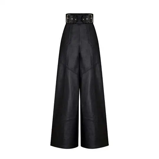 Casual Loose Leather Pants Women High Waist Wide Legs Solid Pocket Flare Pant Female 2025 Autumn Fashion Belt Streetwears Lady