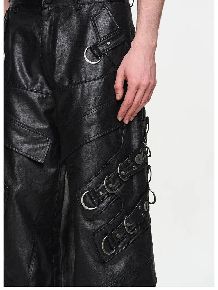 Mauroicardi Spring Autumn Cool Handsome Long Black Pu Leather Motorcycle Pants for Men High Quality Mens Designer Clothes 2024