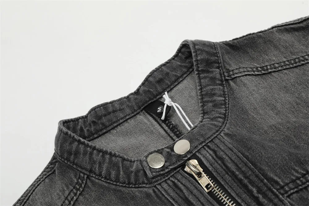 Men's High-Street Washed Denim Motorcycle Jacket – Zipper Detail, Stand Collar