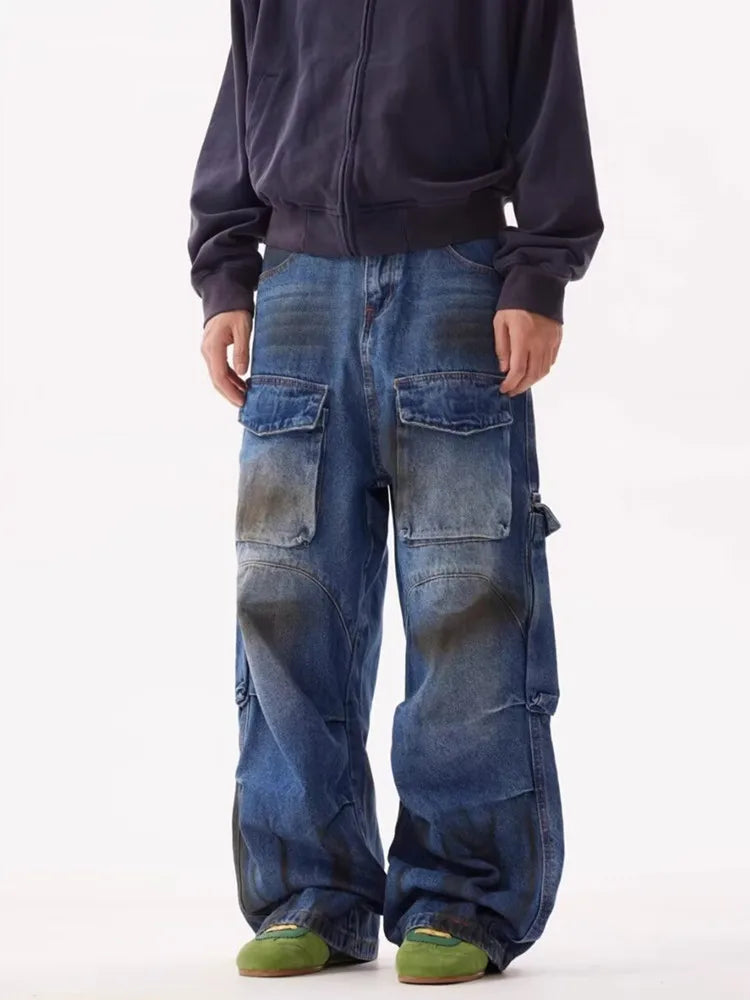 Grunge/Y2K Streetwear Pleated Baggy Cargo Jeans, Vintage Blue Wide Leg Denim