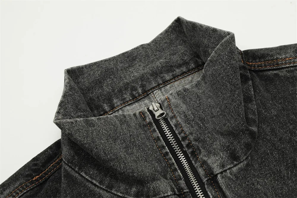 Men’s Spliced Washed Denim Jacket, Retro High Street Stand Collar, Long Sleeve