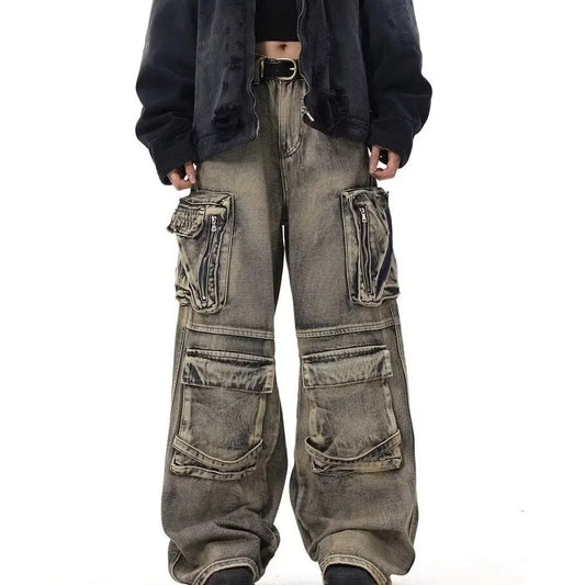 American Washed Distressed Denim Cargo Pants For Men Multi Pocket Spliced Design Hip-hop Loose Wide Leg Baggy Jeans 28W5622